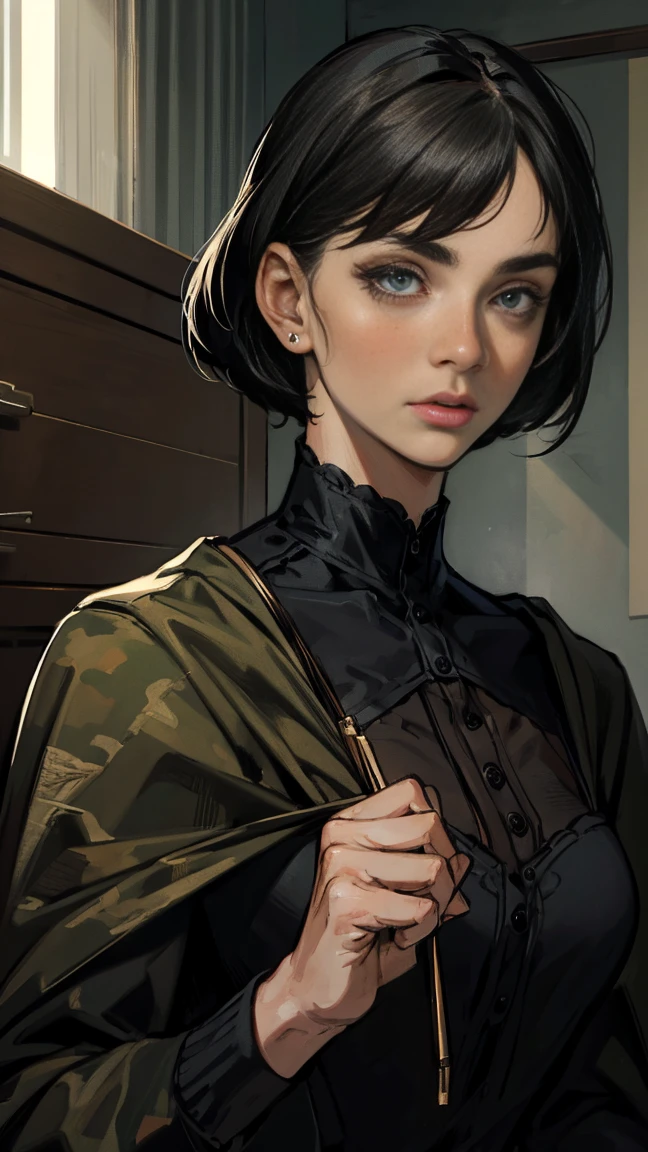 beautiful detailed eyes, beautiful detailed lips, extremely detailed eyes and face, long eyelashes, 1 woman, military woman, black short hair, black eyes, black clothes, camouflage, coat, indifferent facial expression, doctor, best quality, 4k, 8k, highres, masterpiece:1.2, ultra-detailed, realistic, photorealistic, photo-realistic:1.37, HDR, studio lighting, ultra-fine painting, sharp focus, physically-based rendering, extreme detail description, professional, vivid colors, portraits
