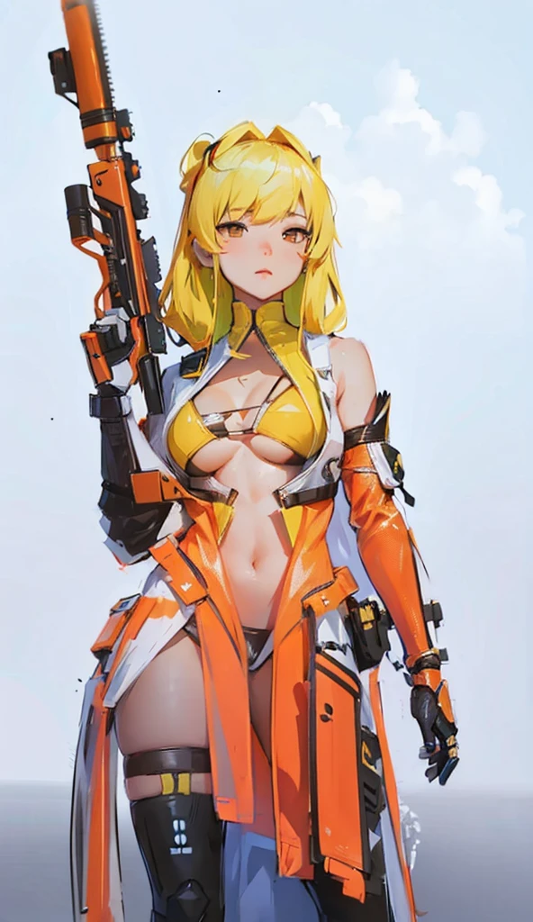 ((Best Quality, 8K, Masterpiece: 1.3)), best quality, ultra high res, a close up of a woman with a gun and a dress, ayaka genshin impact, m4 sopmod ii girls frontline, from overwatch, ayaka game genshin impact, as an overwatch character, from the azur lane videogame, as overwatch character, echo from overwatch, bikini armor, biomechanical oppai, bikini + tattered military gear, android heroine