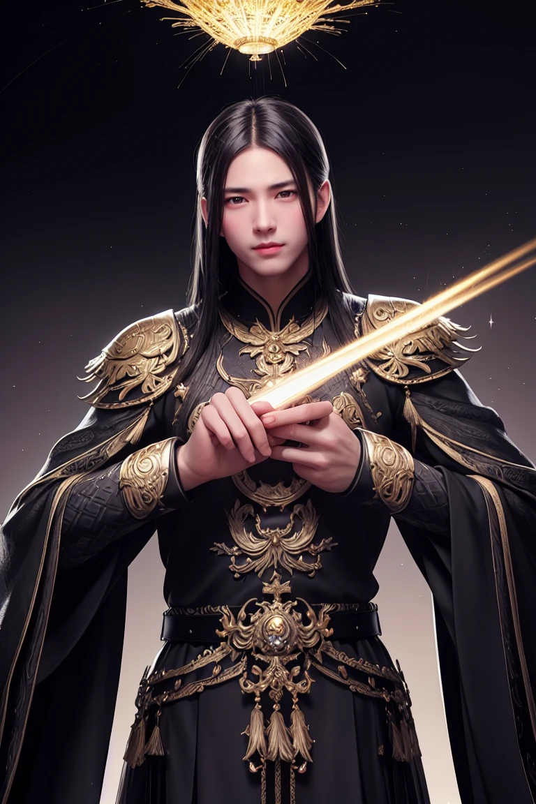 grown up, Mature man 35 years old.
European facial features. volitional, Companies in China. Dark Big, Oriental eyes.
Black long hair gathered in a Chinese ponytail.
ah high, muscular. 
Dressed in a black leather cloak, with metal shoulder pads. In his right hand he holds a sword, the left one is raised above the head and a chrysanthemum flower sparkles in it, What scatters star rays.
fantasy world.  Blend of black gold, Gold Pattern, Dragon Pattern Road, prince, palace.  Lightning effect.