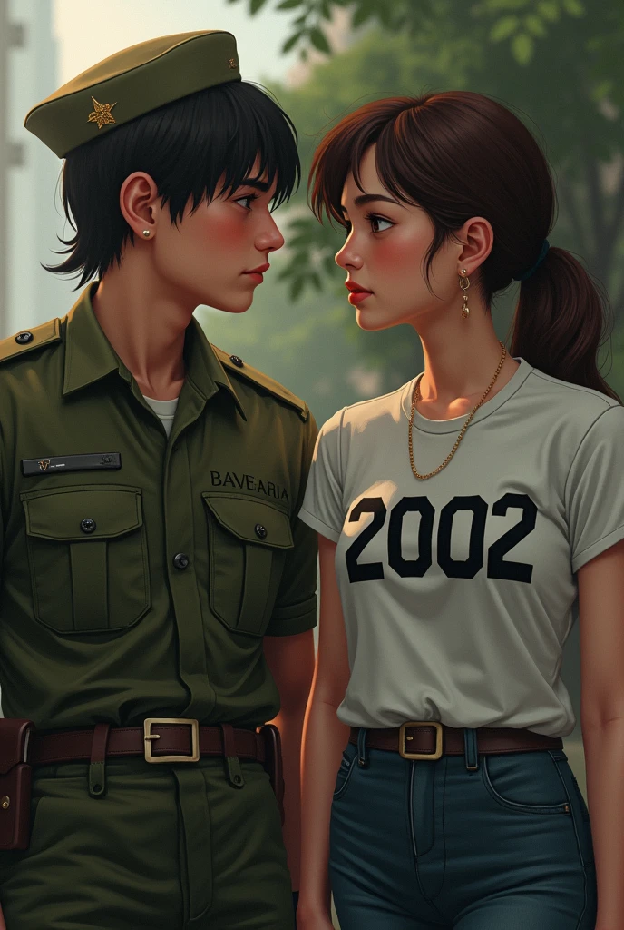 A young woman wearing a shirt with the number 1998 with a soldier wearing a shirt with the number 2002
