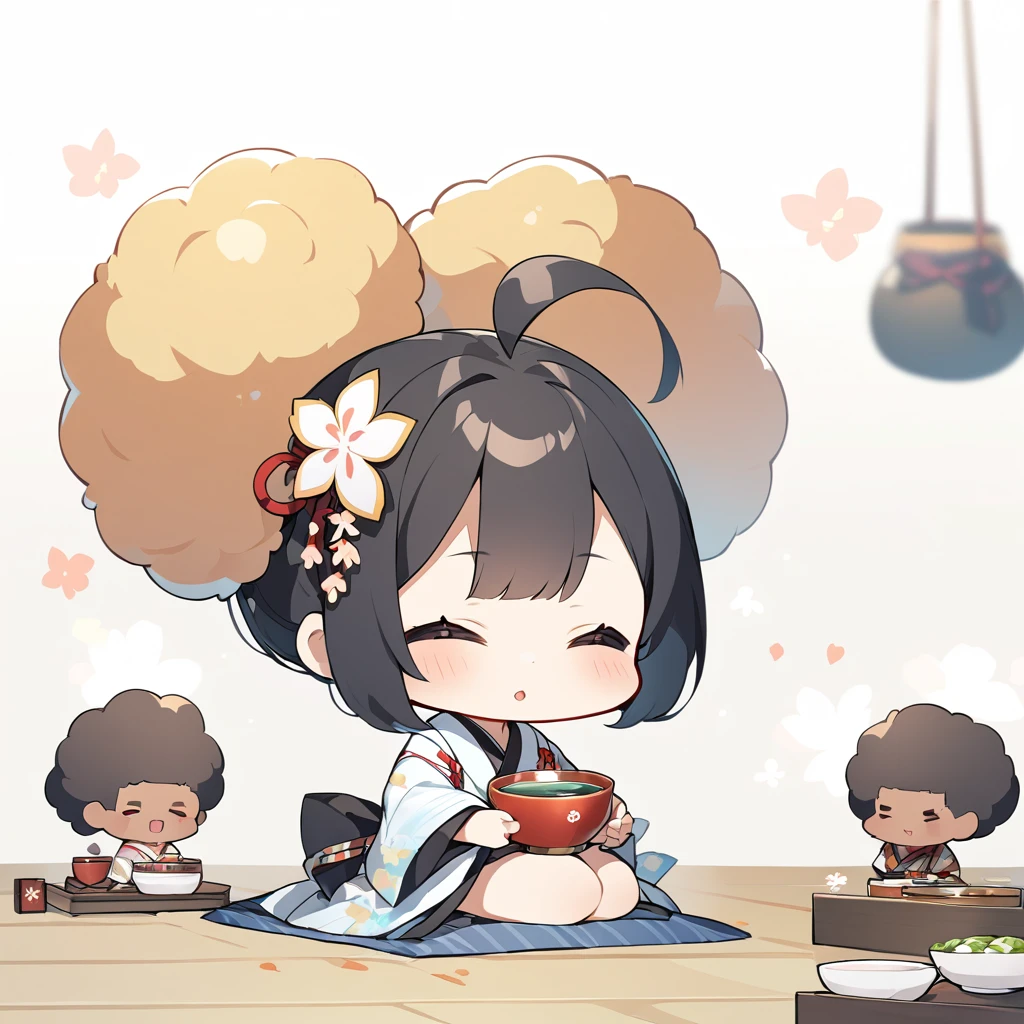 A girl with an afro in a kimono sits in seiza position、Offering Japanese tea、Chibi Character、Ahoge、Black Hair、Focus on the head