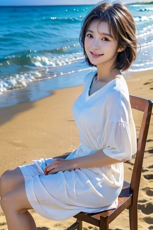 (Captured by a professional photographer:1.2), high quality, Realistic, Best image quality:1.3, (RAW Photos:1.1), Amateur models, (Accurate skeleton:1.2), (Attention to detail:1.1), 30 years old, Japanese women,(Beach), (White blouse:1.2, hot pants:1.2),Off the shoulder, barefoot, Looking at the camera:1.1, look at the person you like, Gentle expression, Thighs are visible, Warm sunshine,(Detailed eyes:1.1), (Detailed hand), (Detailed feet), smile:0.2, Cleavage:0.2, Medium chest, Sweat:0.2, ((Smile with your mouth open,Perfect teeth,Perfect alignment of teeth,Perfect smile,A perfectly cute smile:1.0)),
