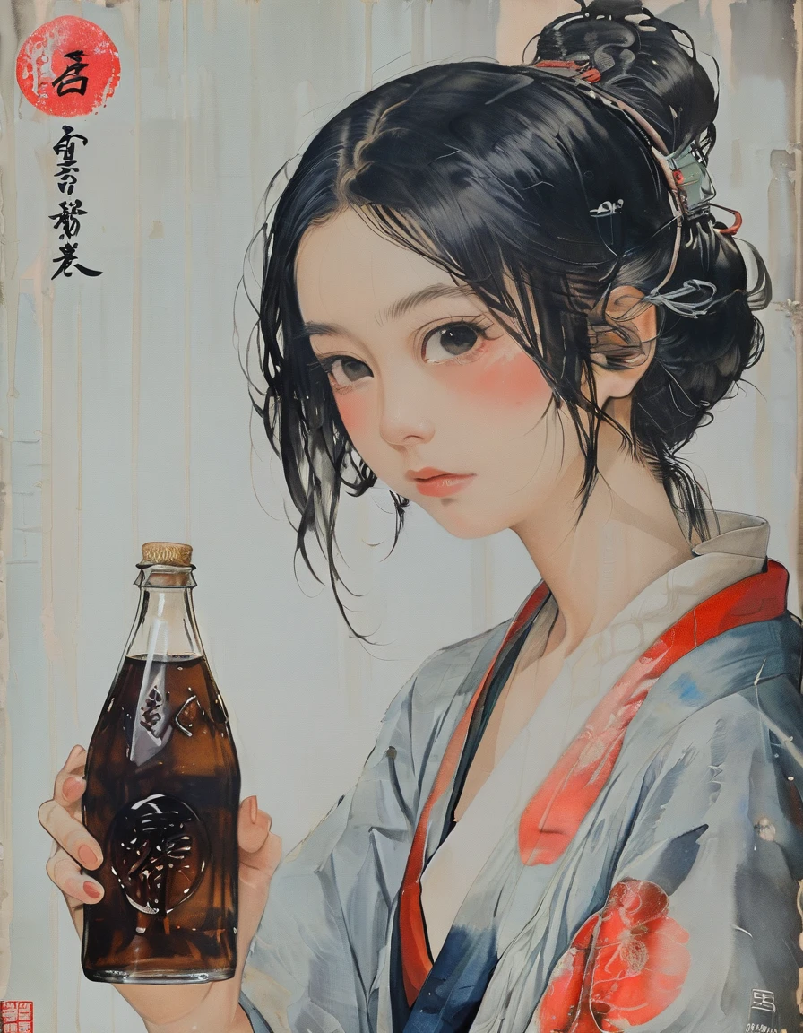 A very beautiful Japanese woman is standing with her head down, wearing a Japanese sword on her waist.　Samurai in full view　足元にはcokacolaのEmpty bottleが数本転がっている　cokacolaのEmpty bottleは横に倒れている　Empty cola bottle　colacolaのEmpty bottle　Empty bottle　Empty cola bottle　散乱したEmpty bottle