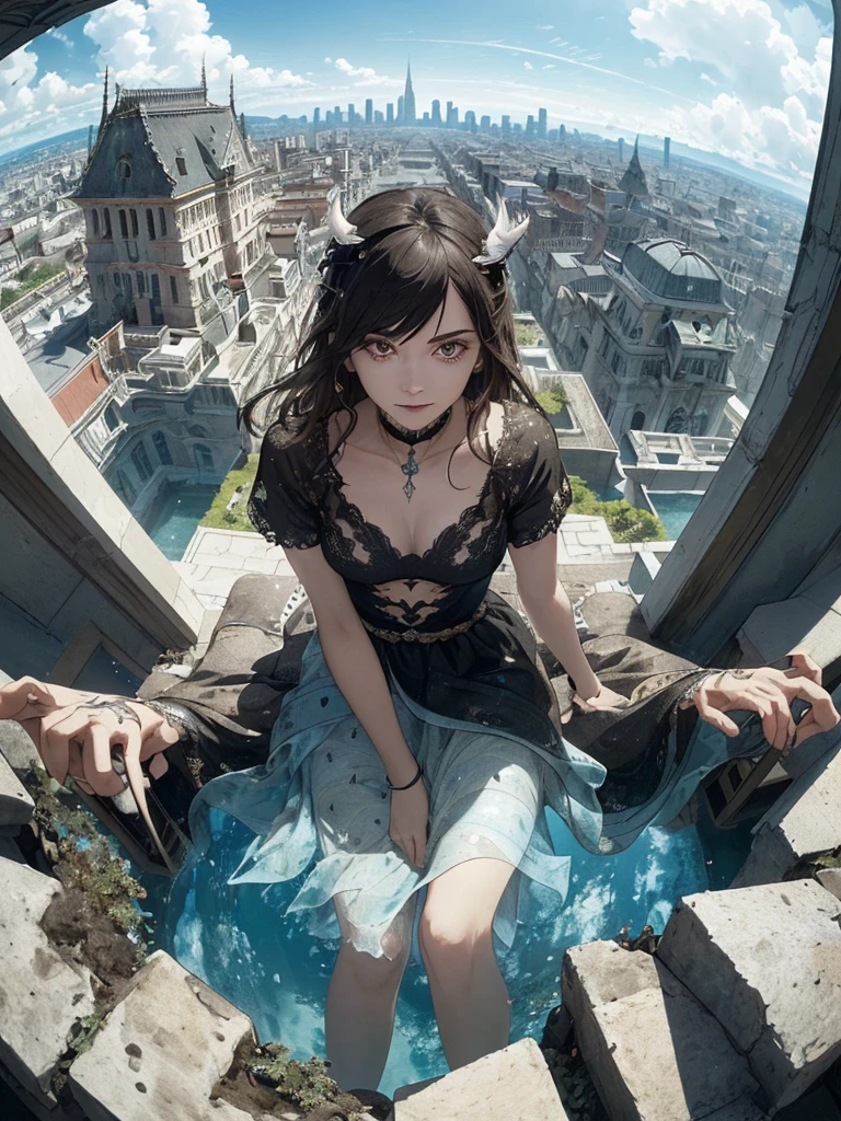 Absurd, high resolution, ultra-detailed, (1 girl:1.3), broken, design a beautiful temple scene, intricate architecture, lush gardens, and a sense of peace and spirituality. Broken, creating an image of a destructive demon with terrifying features, dark powers, and a thirst for chaos and destruction. Broken, designed with a fisheye effect image that captures a wide field of view with a unique curved viewing angle. Break to create rooftop views in urban environments with panoramic cityscapes, dramatic skylines, and a sense of elevation. Break , illustrating the tender moments between parents and children, capturing their bonds, love, and connection. Broken, using pointillism to illustrate images, carefully placed tiny dots of color to create a cohesive and visually stunning whole.