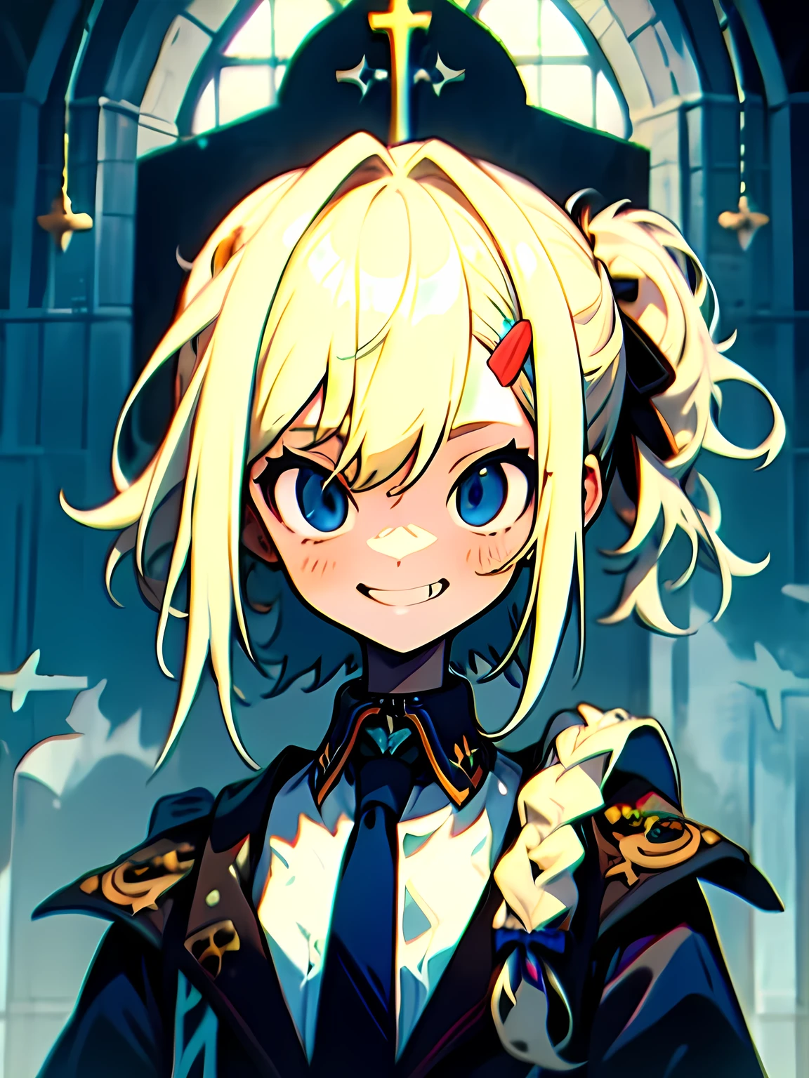 solo,upperbody, , detailed face, (ulzzang-6500:0.05), platinum blonde hair, hair up, white pleated blouse, navy blue small ribbon tie, grin, church