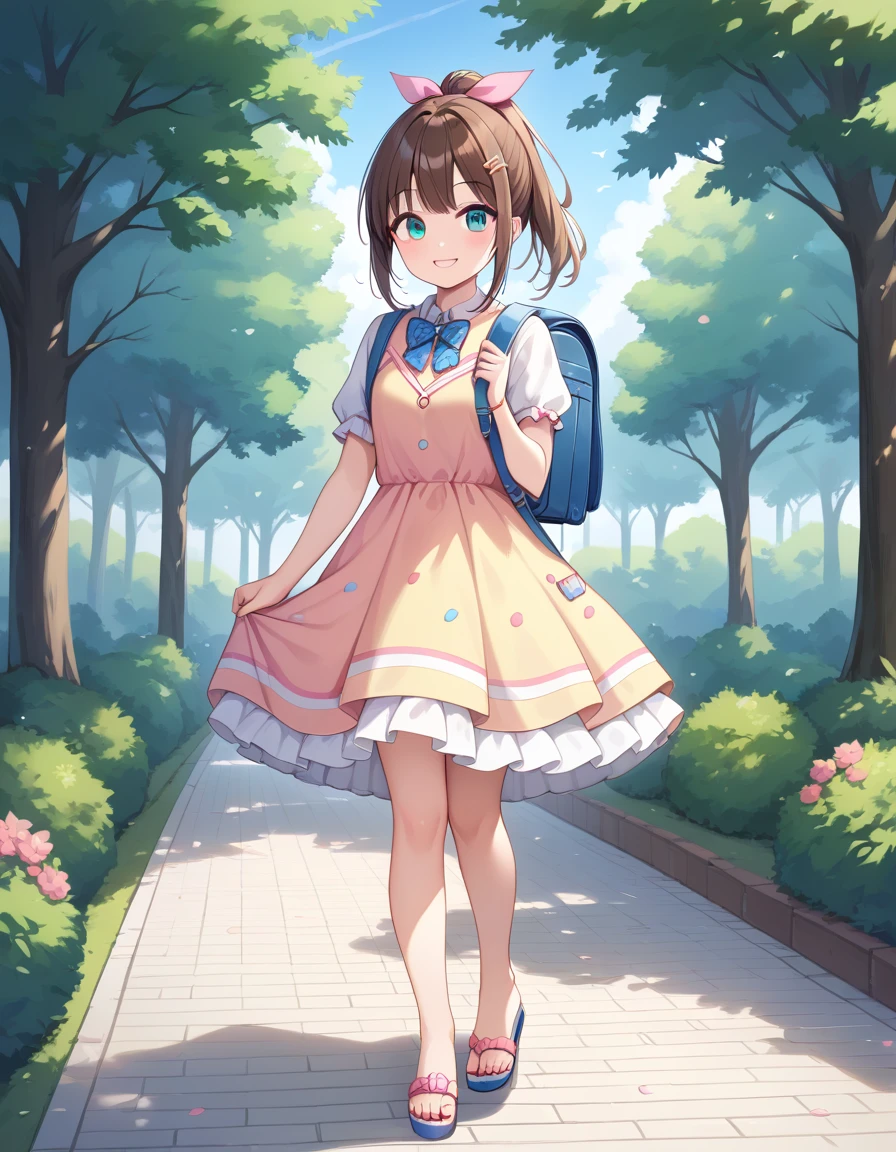 Masterpiece, hd, 1girl, cute girl, brown hair, smile, ponytail, hair ribbon, wearing cute dress, frilled dress,party dress,party costume, colorful dress, bowtie, standing, outdoor, park, smile, wearing school backpack, blue backpack, wearing sandals, fullbody, walking