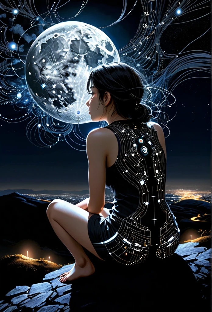 linquivera girl sitting on a small hill looking at night sky, fflix_dmatter, back view, distant exploding moon, nights darkness, intricate circuits and sensors, photographic realism style, detailed textures, peacefulness, mysterious.