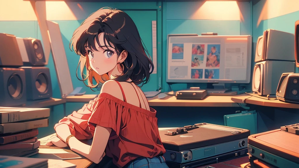 90s city pop vibes。With just a short-sleeved T-shirt、Casual clothing。Highest quality。A beautiful woman with long, straight brown hair。The subject is standing alone with his back to the wall。Dynamic Angle。A broadcasting room lined with records。Listening to music through headphones。