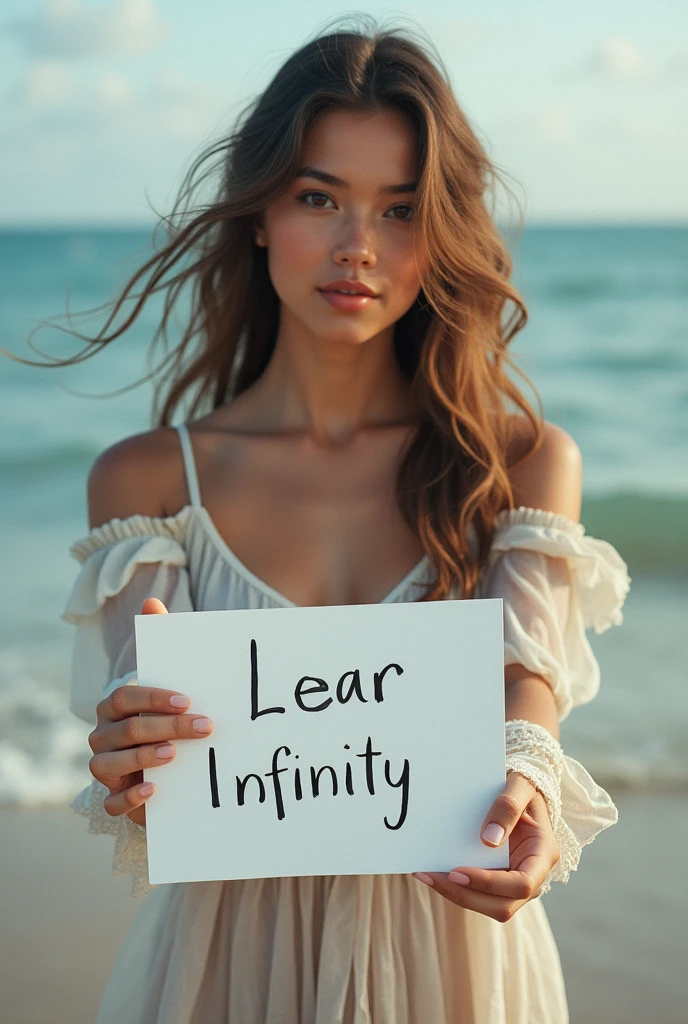Beautiful girl with wavy long hair, bohemian dress, holding a white board with text "I Love Seaart Infinity" and showing it to the viewer