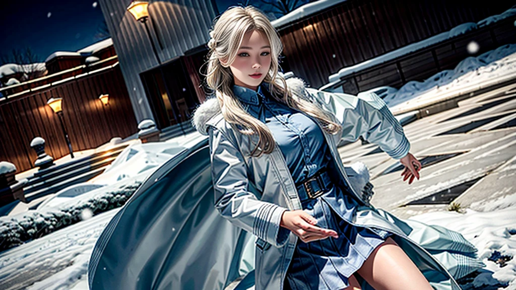 (highest resolution, distinct_image), realistic, Best quality, single person, one girl, solo, masterpiece, highly detailed, realistic, long hair, braided white blond hair, (blue military uniform underneath the coat), depth of field, (falling snow), ((big breasts)), authoritative, dignified, calm and powerful expression, ambient lighting, exquisite facial feature, (fur-trimmed white coat), open coat, short skirt, looking at viewer, head to waist, dynamic angle, light smile, ((from front)), (full body), (((quiet and spacious plaza in background)))