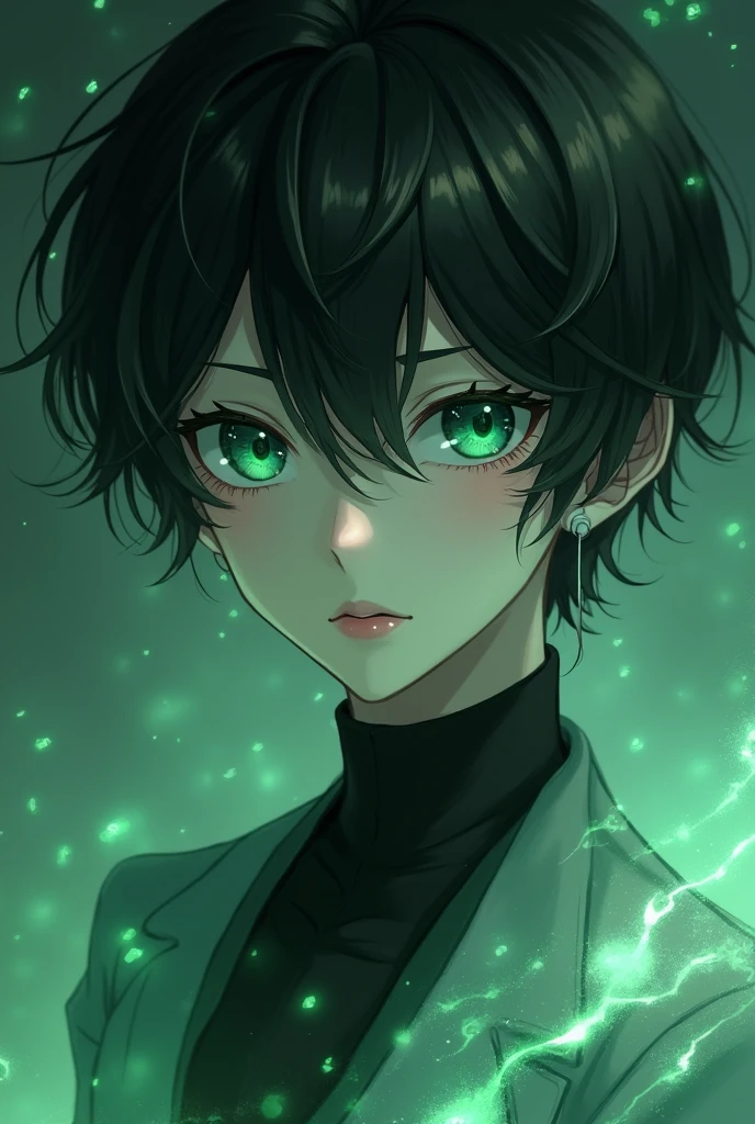 A young man of ethereal beauty, with a delicate and refined appearance. Her hair is black as night, falling in soft waves around her face, contrasting with her pale and smooth skin. Her eyes are the most striking: large and expressive, of a deep green that recalls emeralds, reflecting a soft, captivating light. Her long, thick eyelashes frame her eyes, giving her an even more delicate and enigmatic air. Her face is finely featured, with a soft jawline and thin lips that often curve into a slight, enigmatic smile. She has a slim and elegant figure, with a bearing that radiates a subtle blend of grace and mystery.anime type
