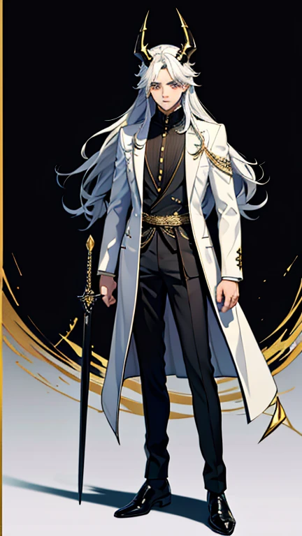 Handsome, solo, 1 male, long hair, white hair, yelow eye, wearing a black shirt, black and white suit, and black dress shoes, with two golden horns, standing while holding a black sword.