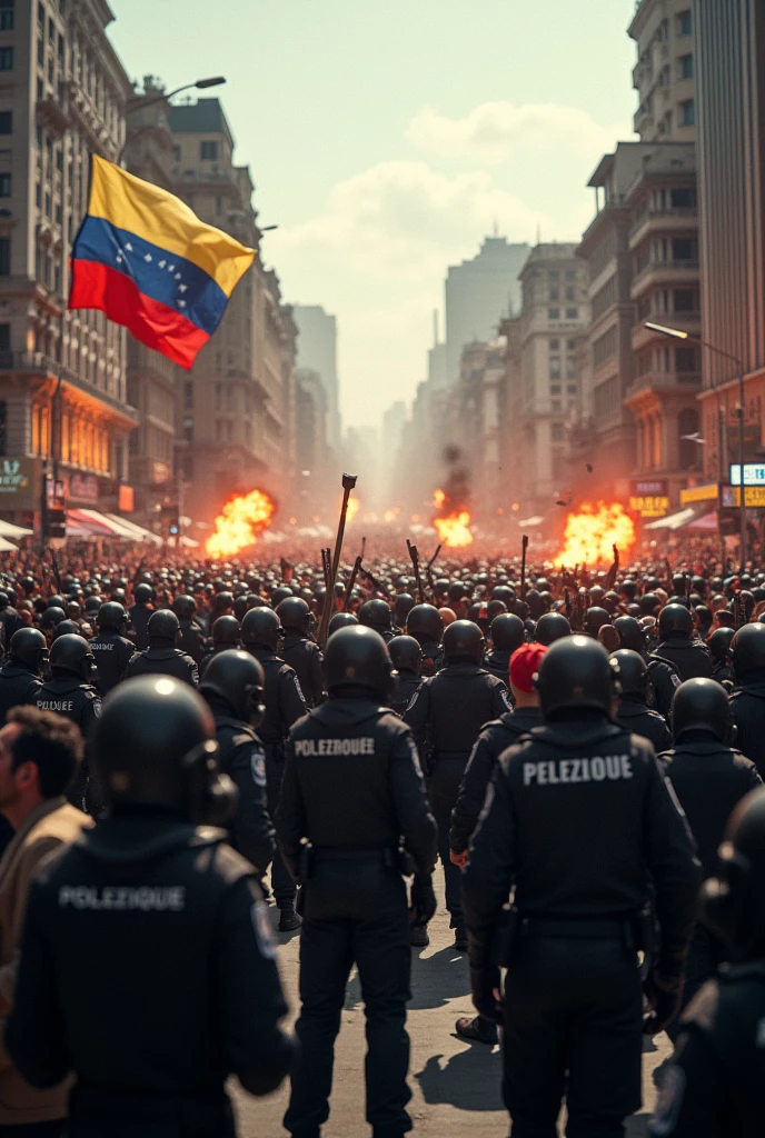 A city in protest, Police against civilians, Venezuela's flag