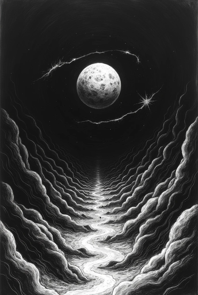 Black and white drawing of a world falling into the void