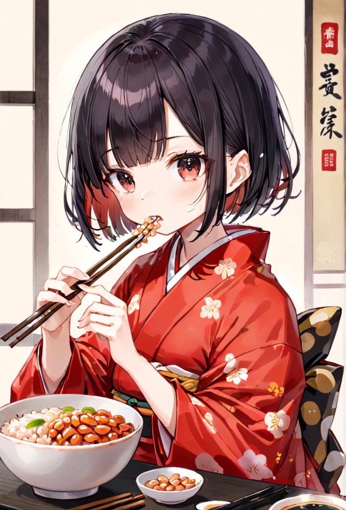 Illustration of a girl in a red kimono eating natto rice with chopsticks、Black hair bob cut