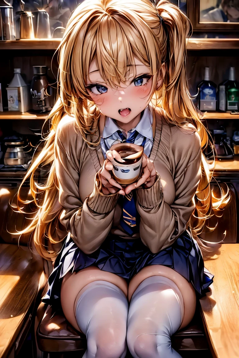 Browsing Caution,(((restaurant))),​(最high quality, 8k, masterpiece:1.3,beautiful girl),(((Woman 1))) (Very detailed)Glowing Skin,(((Long Hair,blonde,Beautiful Hair))),(Perfect Anatomy, Anatomically correct, Very detailed肌),((Golden Eyes)),(((((Perfect Fingers,Five Fingers))))),((Light blue collared shirt, Navy pleated mini skirt, socks, Navy tie, Light brown cardigan, White knee socks)),Pink Panties,  Knee-high socks,Knee-high socks on both feet,Double,Double teeth, Drinking coffee、Close to the audience、Face-to-face with your audience、Please sit down、Wink)）high quality、Visual Arts、With background((coffee shop、Counter seats、coffee maker))、table(menu、Coffee cup Coffee cup、Sugar Bottle、milk),tableトップ、