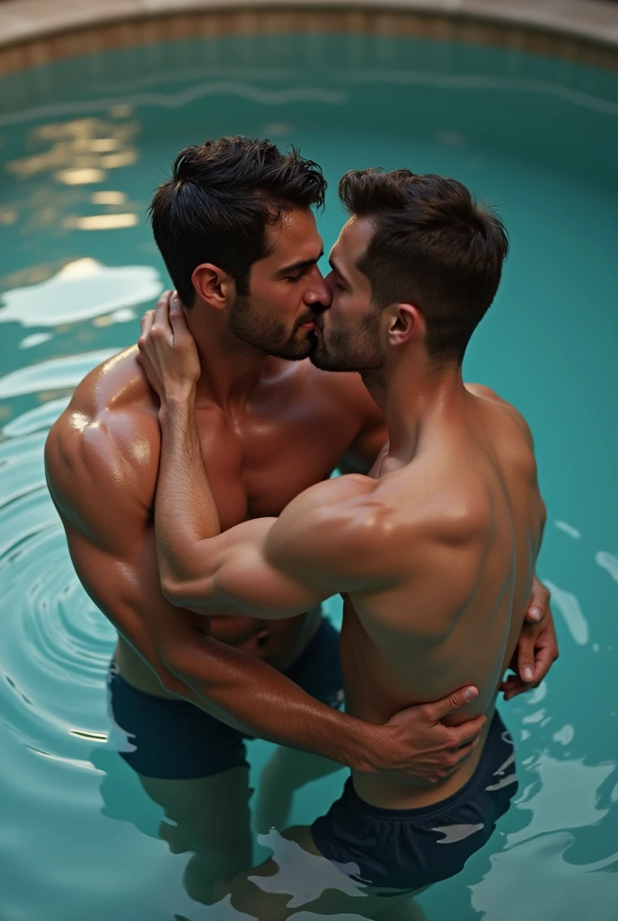 Two men, horny, toned body, kissing in a pool