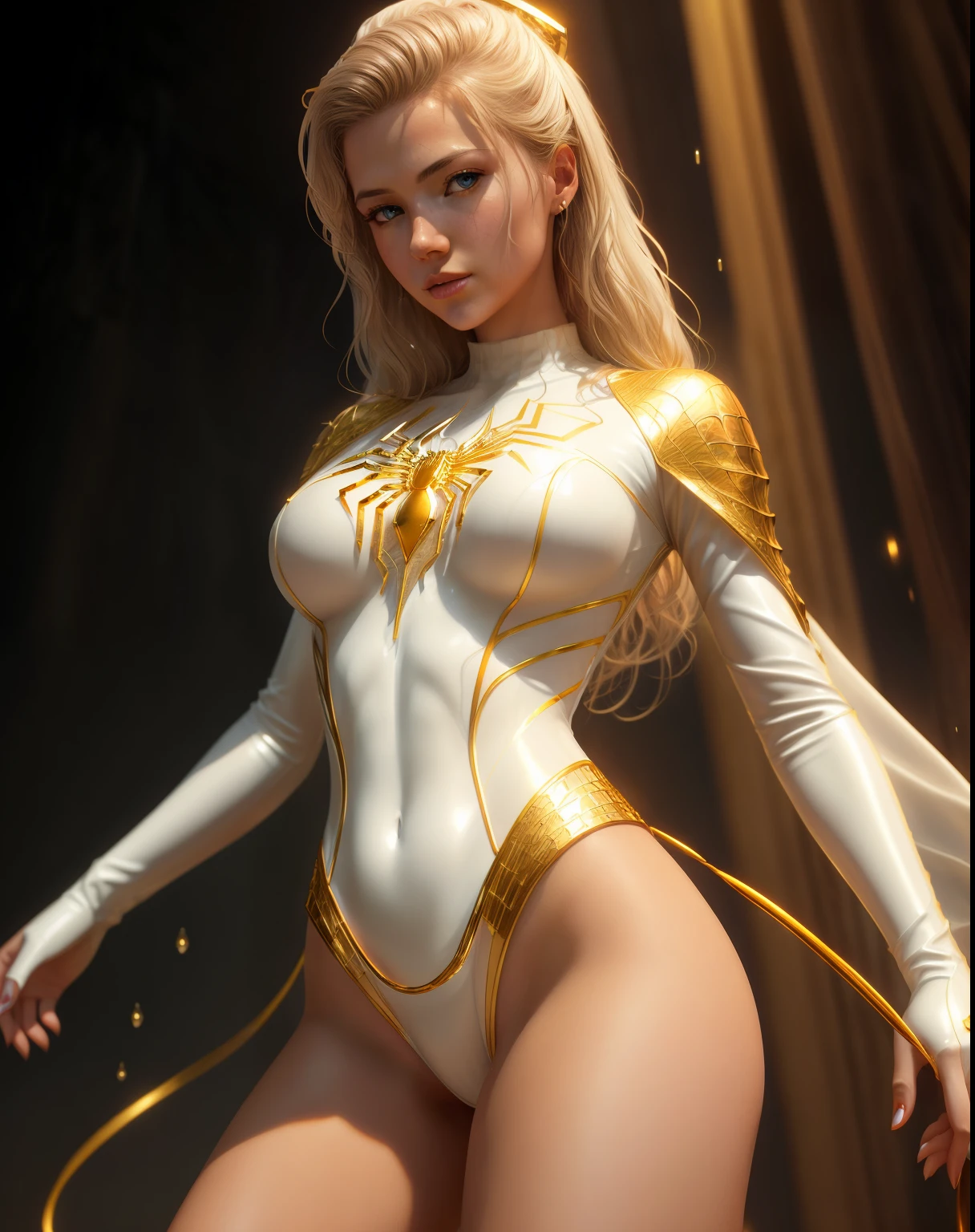 golden and white, spider man, drip outfit, heavy rain, magical, highly detailed, trending on artstation, unreal engine 4 k, cinematic wallpaper by stanley artgerm lau, wlop, rossdraws, james jean, andrei riabovitchev, marc simonetti, yoshitaka amano. background by james jean and gustav klimt, light by julie bell, 4 k, porcelain skin, style of zdislaw beksinski, detailed, 8k, dynamic lighting, white chromatic aberration, soaking, ((realistic)), ((ultra high detail)), ((realistic)), ((ultra high detail))