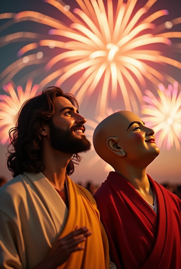 Jesus Christ and Buddha participating in a fireworks display. They look up at the fireworks with wise and benevolent faces. They are smiling happily. they are shining. Surrounded by rainbow-colored light. Jesus of Nazareth is depicted as a gentle, gentle man with shoulder-length hair. His wavy brown hair flows over his shoulders. His captivating hazel eyes convey deep wisdom and empathy, radiating warmth and understanding. Buddha is depicted as a kind-hearted Japanese man with a shaved head and a gentle and cheerful expression. His captivating dark eyes convey deep wisdom and empathy, radiating warmth and understanding. They are wearing yukata and holding fans. photo, close-up, highly detailed, trending at art station, sharp focus, studio shot, intricate details, Greg Rutkowski,