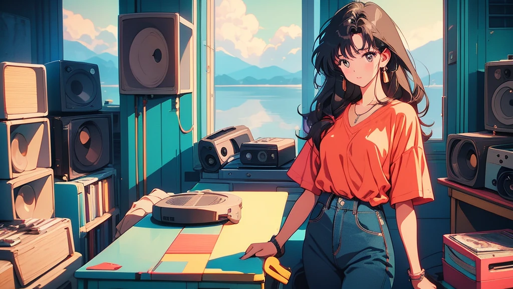 90s city pop vibes。With just a short-sleeved T-shirt、Casual clothing。Highest quality。A beautiful woman with long, straight brown hair。The subject is standing alone with his back to the wall。Dynamic Angle。A broadcasting room lined with records。Listening to music through headphones。