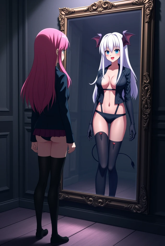 In a dark, mysterious room, the 17-year-old pink-haired anime girl stands in front of an ornate mirror, her blue eyes wide with shock as she gazes at her reflection. Dressed in her sleek, form-fitting blazer-style school uniform with thigh-high socks, she looks both strong and innocent. However, her reflection reveals her evil counterpart: a seductive succubus with long white hair in half-up, half-down pigtails. The succubus is dressed in a tight bikini, thigh-high boots, and long gloves, with bat wings and a devil tail adding to her sinister appearance. Blood drips from the succubus’s mouth down to her chest as she gazes back with a confident and knowing smirk. The pink-haired girl, in contrast, is stunned, her hands trembling slightly at her sides, as she struggles to comprehend the dark reflection staring back at her. The scene captures the tension between innocence and corruption, with the mirror acting as a portal between their two worlds.