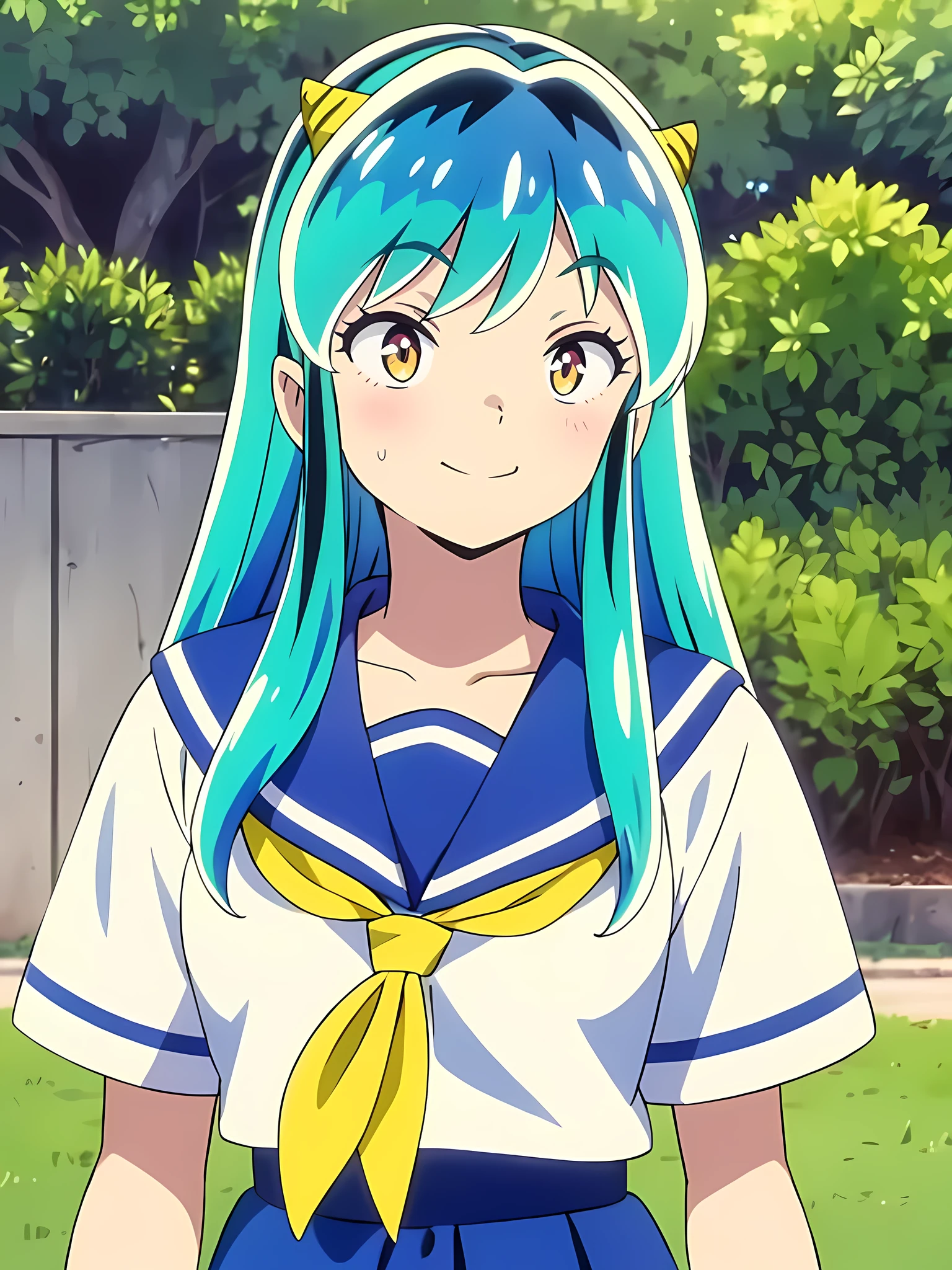 masterpiece, Highest quality, 1 Girl, Lum、Sailor suit、Cobalt Blue Skirt, Yellow neckerchief,  school uniform, Summer clothes, Japan, High definition, Face close-up, smile, blush, 18-year-old, looking down, come to stand at attention, view from front, Greenish silver hair, light smile, From before, EdobUruseiYatsura, anime