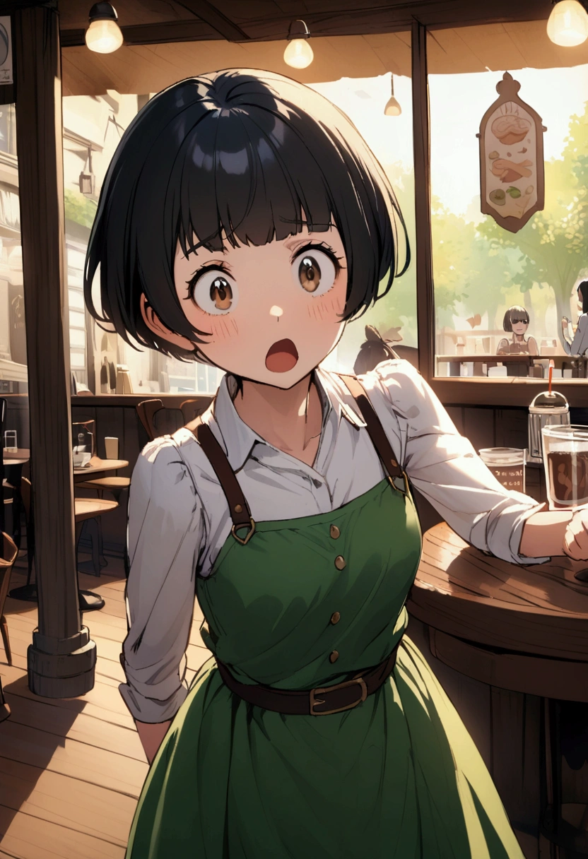 slender,a young girl,pixie cut,black hair,Cafe,from front,shocked
