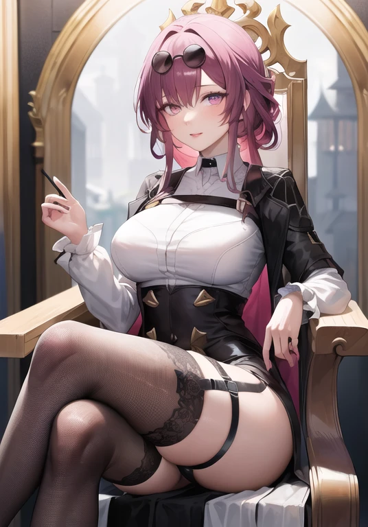 (masterpiece, best quality:1.0), highly detailed, intricate detail,  1girl , cute girl,aakafka,sunglasses, eyewear on head,crossed legs,thighhighs, garter straps, fishnet thighhighs, dress, fishnets, hair down, breasts, black dress,  framed breasts, long sleeves,sitting,head rest,crossed legs,throne, gorgeous, gorgeous chair