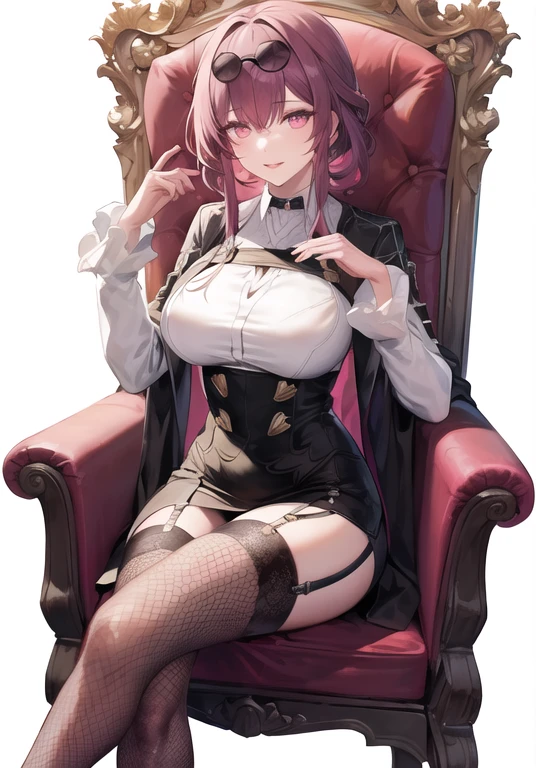 (masterpiece, best quality:1.0), highly detailed, intricate detail,  1girl , cute girl,aakafka,sunglasses, eyewear on head,crossed legs,thighhighs, garter straps, fishnet thighhighs, dress, fishnets, hair down, breasts, black dress,  framed breasts, long sleeves,sitting,head rest,crossed legs,throne, gorgeous, gorgeous chair