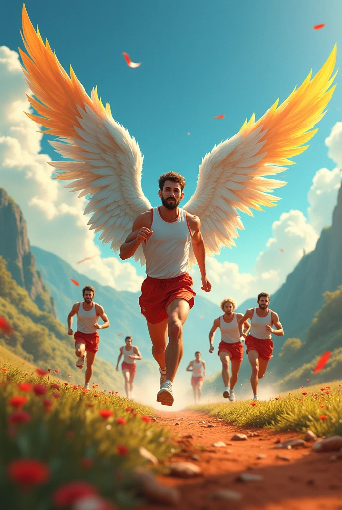 A landscape image of A relay race with each runner holding a flag with the fastest runner having wings like an angel and also holding a flag and almost at the finish line while other runner still coming behind, tired and almost fall behind 
