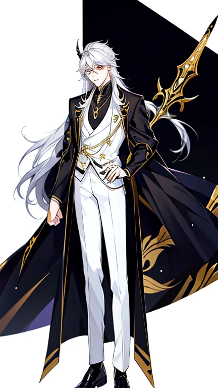 Handsome, solo, 1 male, long hair, white hair, yelow eye, wearing a black shirt, black and white suit, and black dress shoes, with two golden horns, standing while holding a black sword.