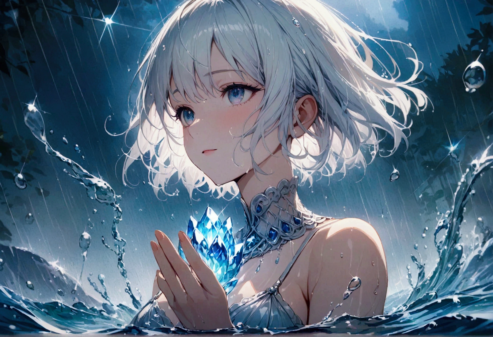 short hair,Beautiful sky, rain，(Crystal clear rain sparkles in the sky,Water Drop), masterpiece,High resolution, White Hair