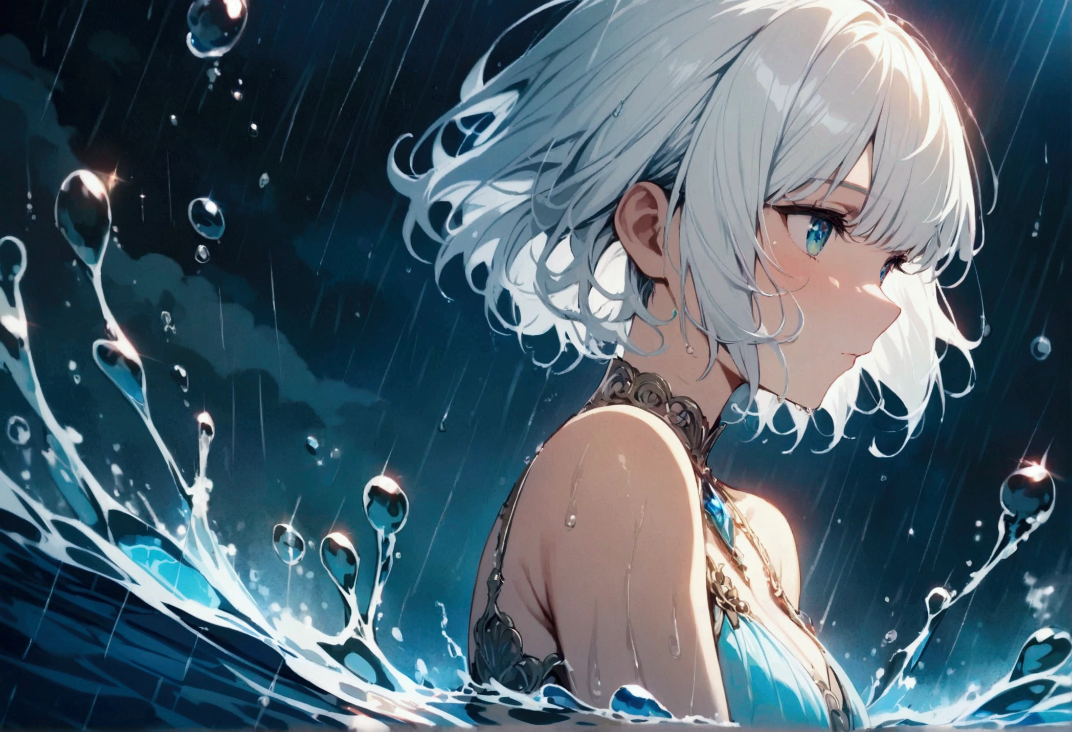 short hair,Beautiful sky, rain,(Crystal clear rain sparkles in the sky,Water Drop), masterpiece,High resolution, White Hair