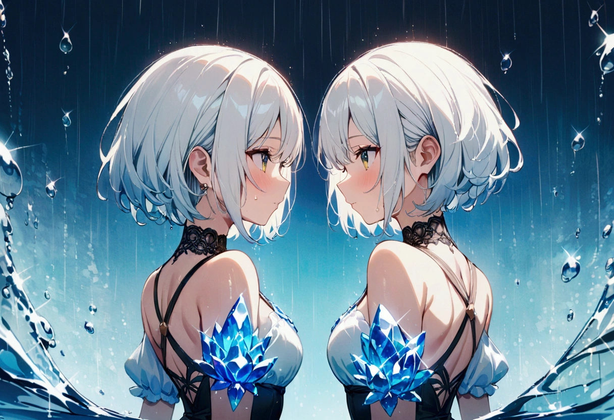 short hair,Beautiful sky, rain,(Crystal clear rain sparkles in the sky,Water Drop), masterpiece,High resolution, White Hair