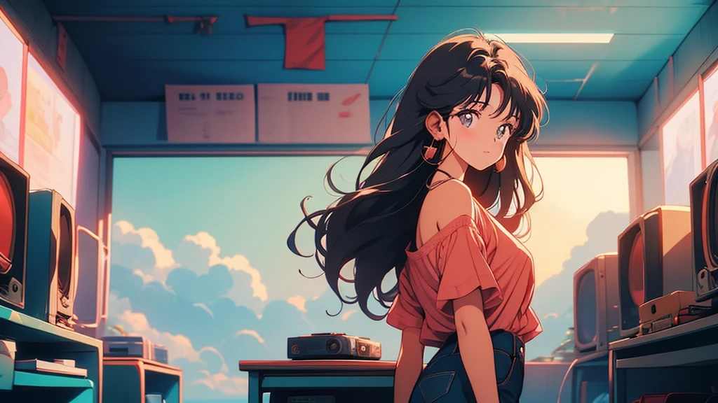 90s city pop vibes。With just a short-sleeved T-shirt、Casual clothing。Highest quality。A beautiful woman with long, straight brown hair。The subject is standing alone with his back to the wall。Dynamic Angle。A broadcasting room lined with records。Listening to music through headphones。
