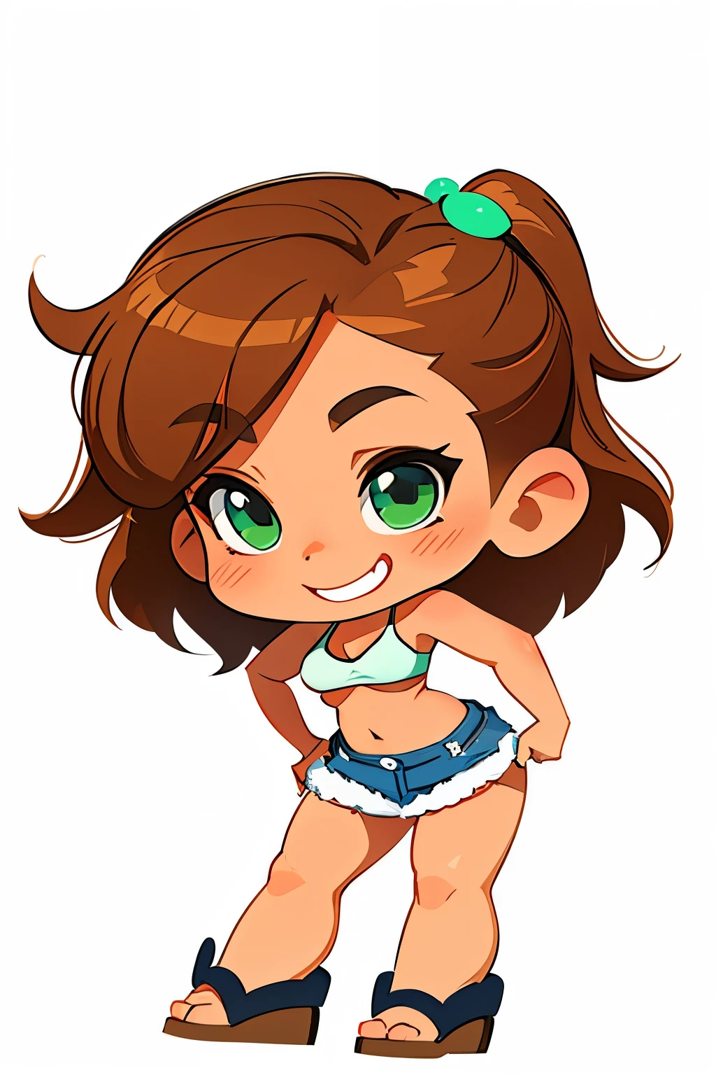 The girl is small, chibi,
Beautiful woman in Samdoesarts style, White background, Sam Style, hairstyle, long two tails, Brown hair, tanned skin, Big breasts in a swimsuit, denim mini skirt, green eyes, Sunglasses, bare belly with abs, sexy pose, Flirting, with a smile, lip gloss