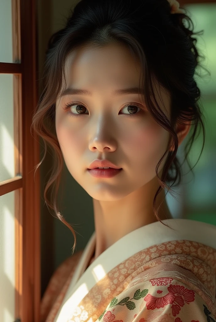 An elegantly dressed Japanese woman in natural light、A close-up of her chest and calm expression.、It shows her inner peace and outer charm.。