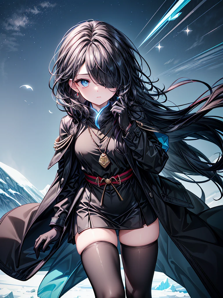 ((Oriental Project)),(((Celestial Glacier))),((masterpiece)),,((Highest quality)),(((take Amulet))),((alone)),((Deep blue pupils)),((sparkling eyes)),((Beautiful Blue Eyes)),((Wearing a black coat)),((Black mini skirt)),(((Wearing black tights))),((Slim body)),((length, Shiny black hair)),((Her left eye is completely hidden by her bangs)),((Her hair is parted, and you can see her eyes through it)),((Wearing black gloves)),((hair over one eye,long hair)),((Ruthless)),((Complex background)),((Hair blowing in the wind))
