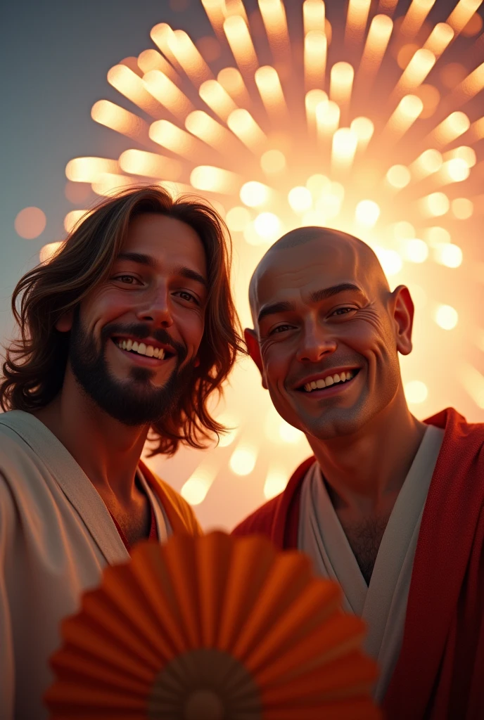 Jesus Christ and Buddha take a selfie with fireworks in the background. They are smiling happily with wise and benevolent faces. they are shining. Surrounded by rainbow-colored light. Jesus of Nazareth is depicted as a gentle, gentle man with shoulder-length hair. His wavy brown hair flows over his shoulders. His captivating hazel eyes convey deep wisdom and empathy, radiating warmth and understanding. Buddha is depicted as a kind-hearted Japanese man with a shaved head and a gentle and cheerful expression. His captivating dark eyes convey deep wisdom and empathy, radiating warmth and understanding. They are wearing yukata and holding fans. photo, close-up, highly detailed, trending at art station, sharp focus, studio shot, intricate details, Greg Rutkowski,