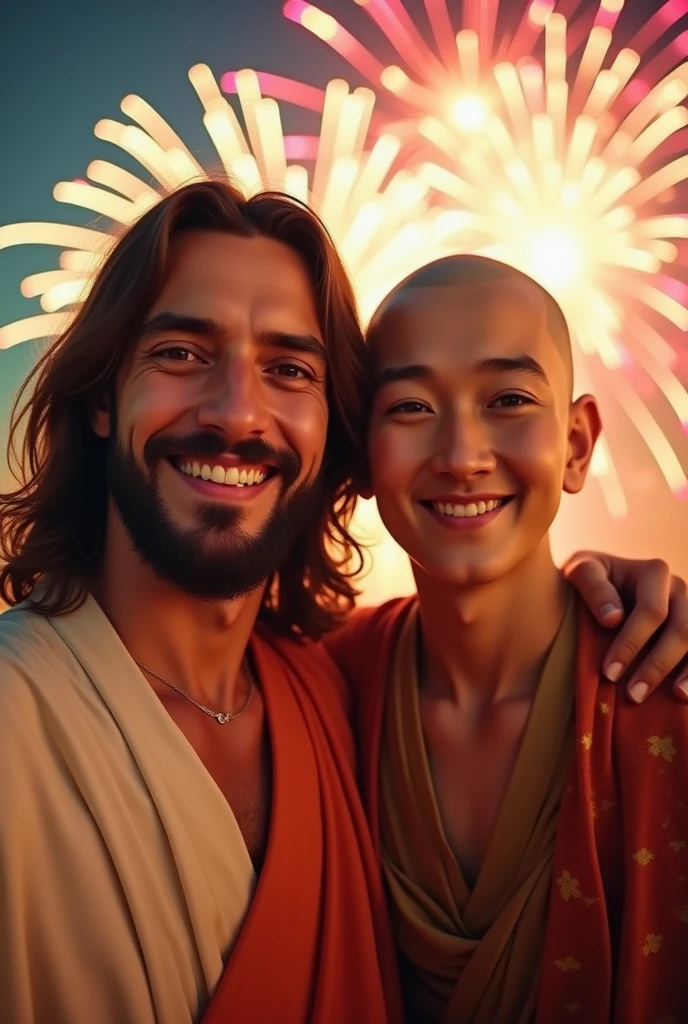Jesus Christ and Buddha take a selfie with fireworks in the background. They are smiling happily with wise and benevolent faces. they are shining. Surrounded by rainbow-colored light. Jesus of Nazareth is depicted as a gentle, gentle man with shoulder-length hair. His wavy brown hair flows over his shoulders. His captivating hazel eyes convey deep wisdom and empathy, radiating warmth and understanding. Buddha is depicted as a kind-hearted Japanese man with a shaved head and a gentle and cheerful expression. His captivating dark eyes convey deep wisdom and empathy, radiating warmth and understanding. They are wearing yukata and holding fans. photo, close-up, highly detailed, trending at art station, sharp focus, studio shot, intricate details, Greg Rutkowski,
