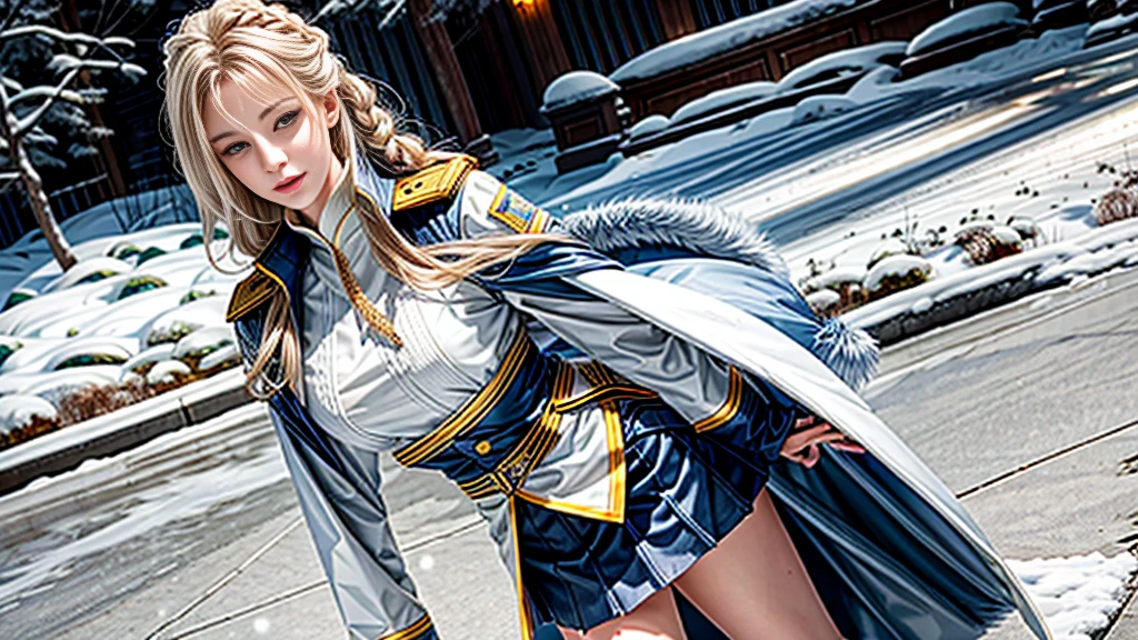 (highest resolution, distinct_image), realistic, Best quality, single person, one girl, solo, masterpiece, highly detailed, realistic, long hair, braided white blond hair, (blue military uniform underneath the coat), depth of field, (falling snow), ((big breasts)), authoritative, dignified, calm and powerful expression, ambient lighting, exquisite facial feature, (fur-trimmed white coat), open coat, short skirt, looking at viewer, head to waist, dynamic angle, light smile, ((from front)), (full body), (((quiet and spacious plaza in background)))