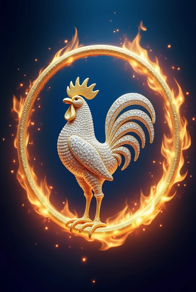 Bright dark blue background with a gold hoop in the center with small rooster made of diamond and jewel inside and flames on the edges of the fon Bright dark blue background with a gold hoop in the center with small  jewel de Golden Rooster  made of diamond and jewel inside and flames on the edges of the background 