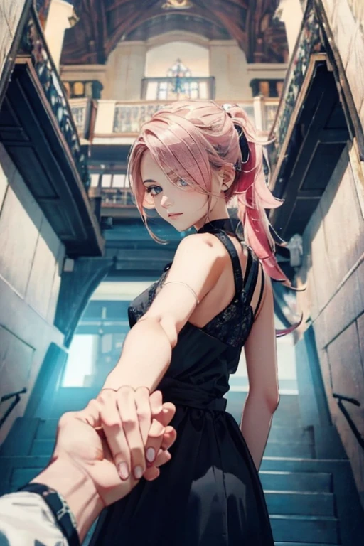 masterpiece, best quality, female, long_ponytail pink color hair, hair over one eye, back facing viewer, detailed beautiful eyes, detailed gorgeous face, perfect anatomy, very cute, dynamic pose, perfect shading, dramatic lighting, rendered in 8K resolution for high-quality detail, concept art, smooth, sharp focus, illustration, highly detailed, soft natural volumetric, cinematic perfect light, intricate details, PIXIV, krenzcushart, holding hands with viewer, bf_holding_hands,