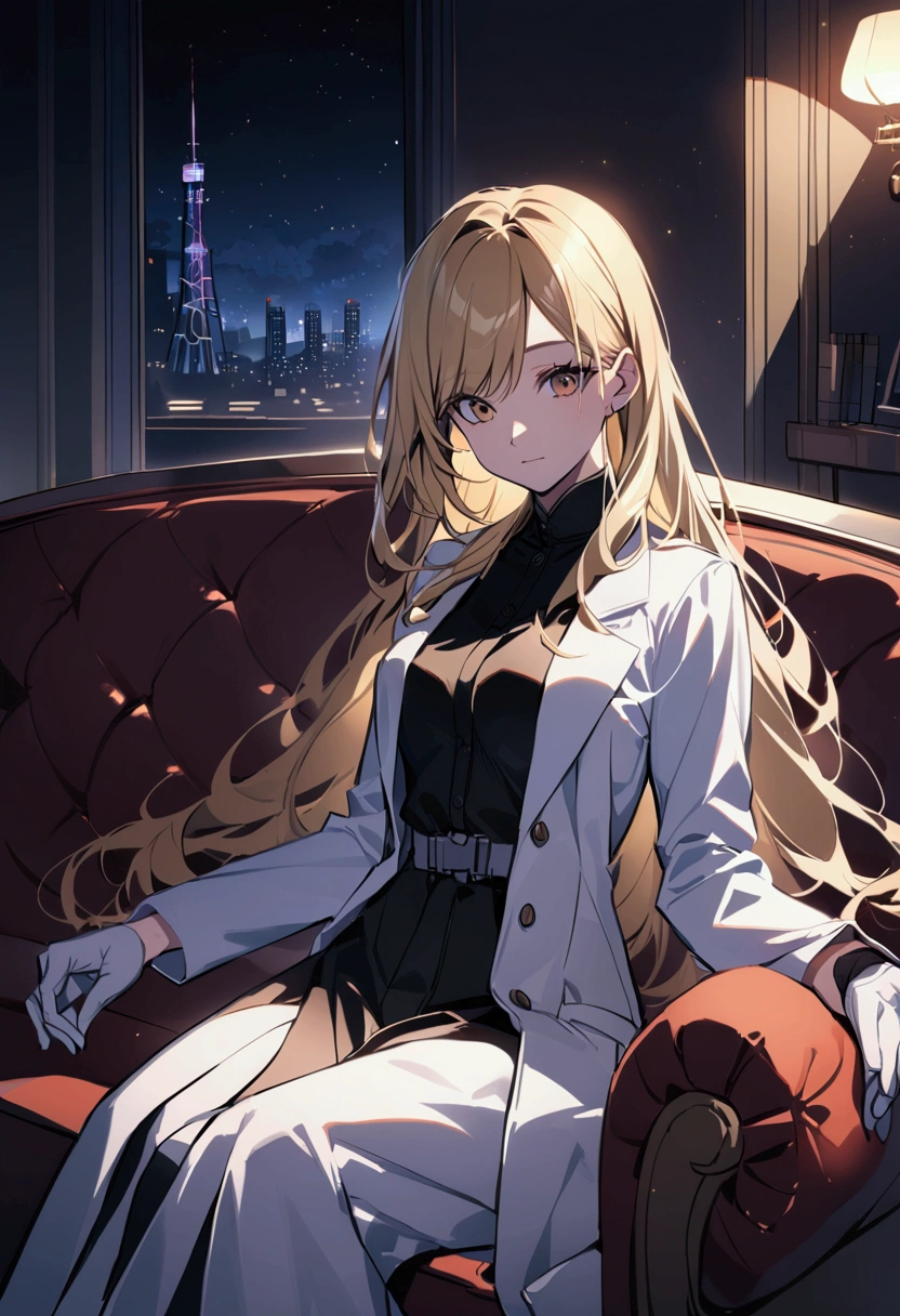 Living room background, night time, Lab coat, surgical gloves, long hair, 1woman, blond hair, shining hair, sitting on couch. Medium breast, facing viewer.