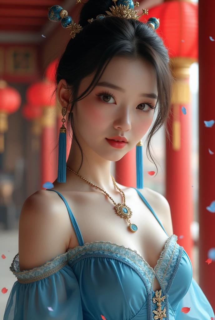 masterpiece, best quality, 8k, insane details, intricate details, hyperdetailed, hyper quality, high detail, ultra detailed, Masterpiece, solo focus, 1girlsololooking at viewerred lipsclosed mouthmedium breasts Milky skin, (shiny skin:1.3)(upper body:1.0), (blue chinese clothes:1.1), (blue dress:1.2)clothing cutoutlong sleeves(tassel earringshair ornamentnecklace:1.2), updohair bunbare shoulders, detached sleeves, architecture, indoorseast asian architecturepetals, falling petals, lantern,
