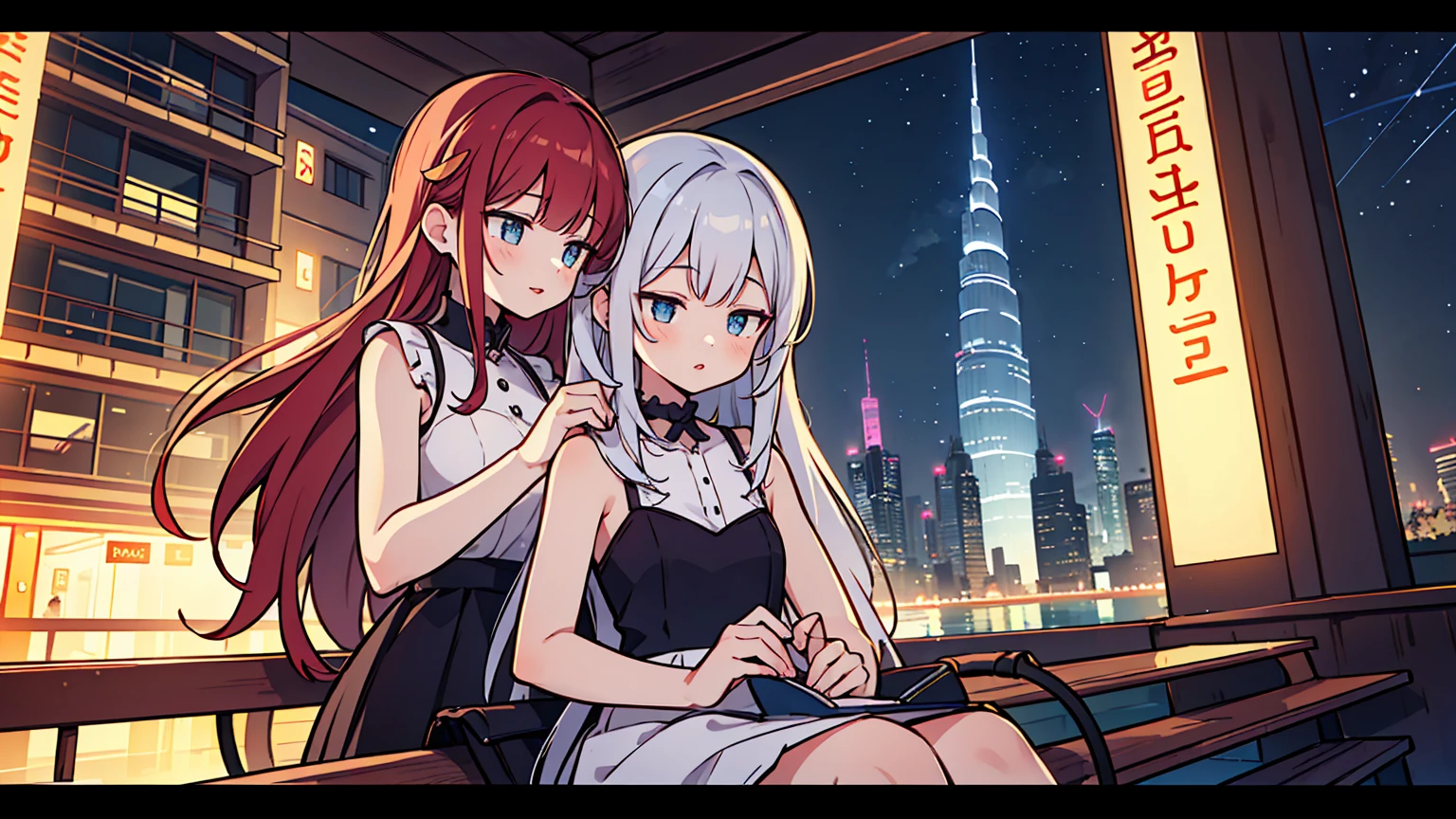 (masterpiece, best quality),2 women, different hair colors, different faces,letterboxed, perfection of fashion,Burton lips, sleeveless,dress,upper body, side,park bench with lake,Sitting on a chair and talking,Night view of Dubai Tower, Full of neon signs