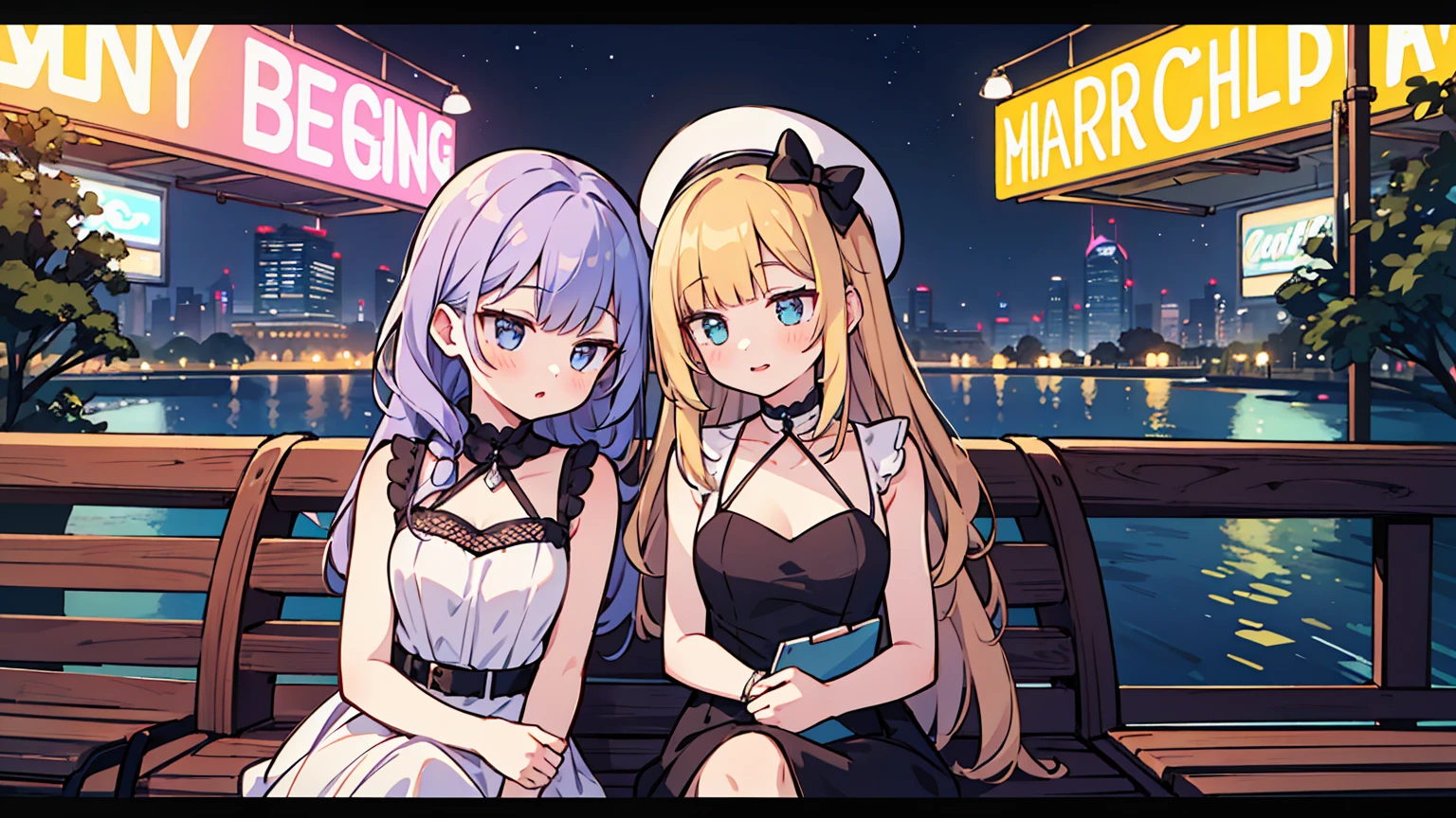 (masterpiece, best quality),2 women, different hair colors, different faces,letterboxed, perfection of fashion,Burton lips, sleeveless,dress,upper body, side,park bench with lake,Sitting on a chair and talking,Night view of Dubai Tower, Full of neon signs
