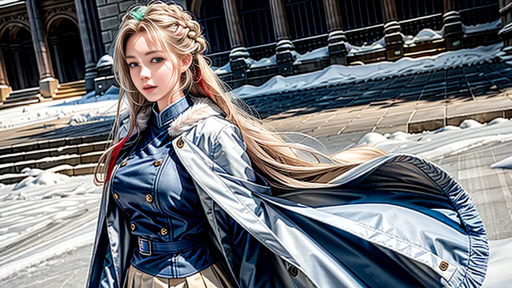 (highest resolution, distinct_image), realistic, Best quality, single person, one girl, solo, masterpiece, highly detailed, realistic, long hair, braided white blond hair, (blue military uniform underneath the coat), depth of field, (falling snow), ((big breasts)), authoritative, dignified, calm and powerful expression, ambient lighting, exquisite facial feature, (fur-trimmed white coat), open coat, short skirt, looking at viewer, head to waist, dynamic angle, light smile, ((from front)), full body, (((quiet and spacious plaza in background)))