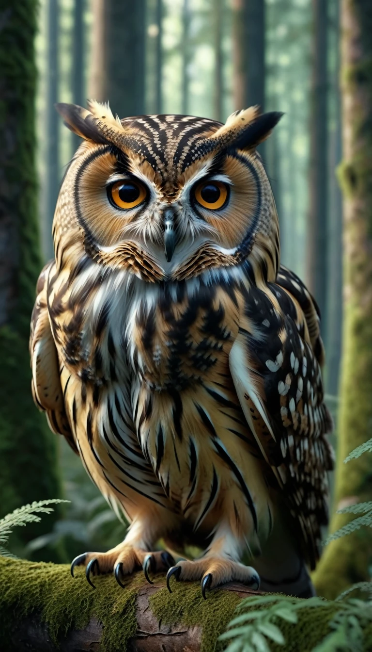 Panorama,Owl with a human face in the forest(best quality,4K,8k,High level,masterpiece:1.2),Ultra Detailed,(lifelike,Photo real,Photo real:1.37),Highly detailed animals,Complex patterns,Realistic lighting