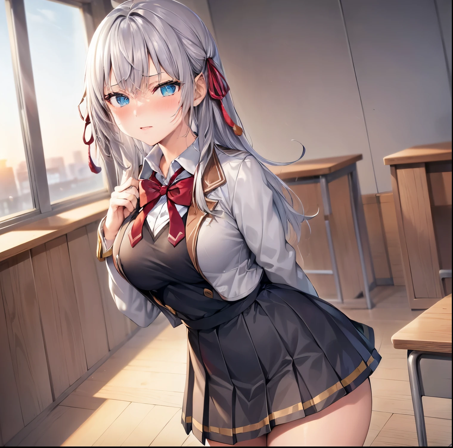 ((1girl)),((alone)),Alisa Mikhailovna,(masterpiece), (best quality), (ultra detailed), (best illustration), (best shadow), (absurdities), sharp focus, cowboy shot ,atmospheric perspective, depth of field, dynamic posture looking at the viewer, large breasts, narrow waist, wide hips, wide thighs, round butt, erotic, romantic, (very detailed eyes, lips 1.1), very detailed eyes, eyes, very face detailed, very beautiful face, full height, beautiful slim figure, femininity, expressive appearance, elastic big breasts, sexuality, hair, white hair, gray hair, long hair, bangs, hair between the eyes, blue eyes, hair band, red ribbon, open jacket, gray jacket, bow tie, school uniform, long sleeves, red bow, blazer, collared shirt, zettai ryouiki, pleated dress, dress, white thighs, loafers, curves, defined body, perfect and beautiful body, perfect and beautiful, mouth closed, serious expression, blushing, (sexy pose: 1.2), ((only)), standing: 1.3,(( Japanese school: 1.5, classroom: 1.5, desks: 1.5, desk: 1.5, window: 1.3, sunset: 1.4, clear sky: 1.4)), looking forward, ((focus on hips)), point of view :(from the middle), perfect anatomy, perfect hands